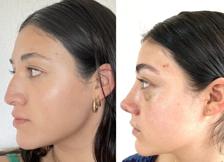 Perfil lateral antes y después de la rinoplastia, mostrando los resultados del remodelado de nariz