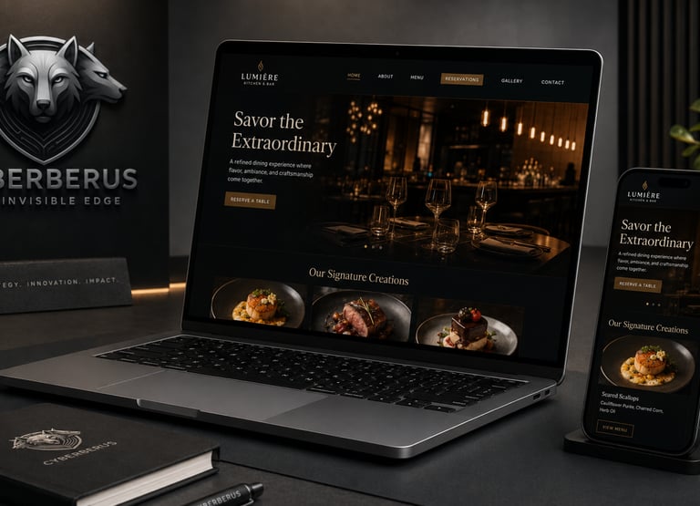 Responsive restaurant website design displayed on a laptop and smartphone for a digital marketing agency.