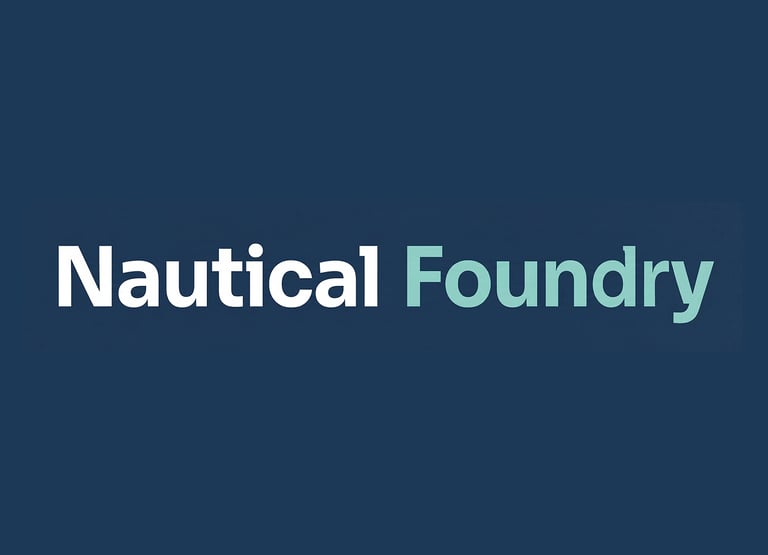 Nautical Foundry logo, featuring the word "Nautical" in white and "Foundry" in teal against a dark blue background.