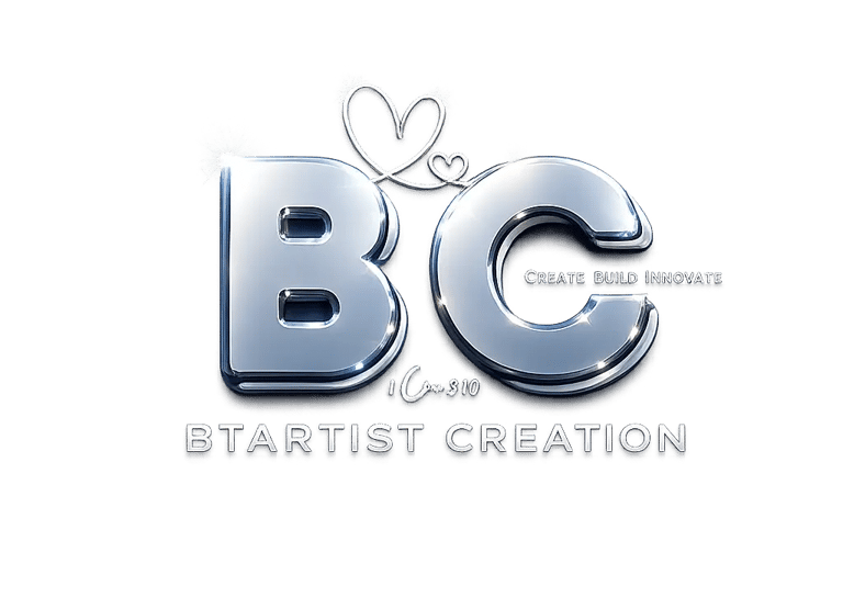 Metallic silver 3D BC logo for BTARTIST CREATION with the slogan Create Build Innovate on a black background.