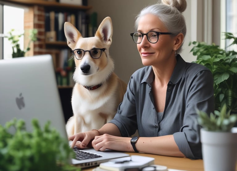 A cozy workspace with earthy-toned décor featuring a laptop, a small plant, and soft cream-colored light.