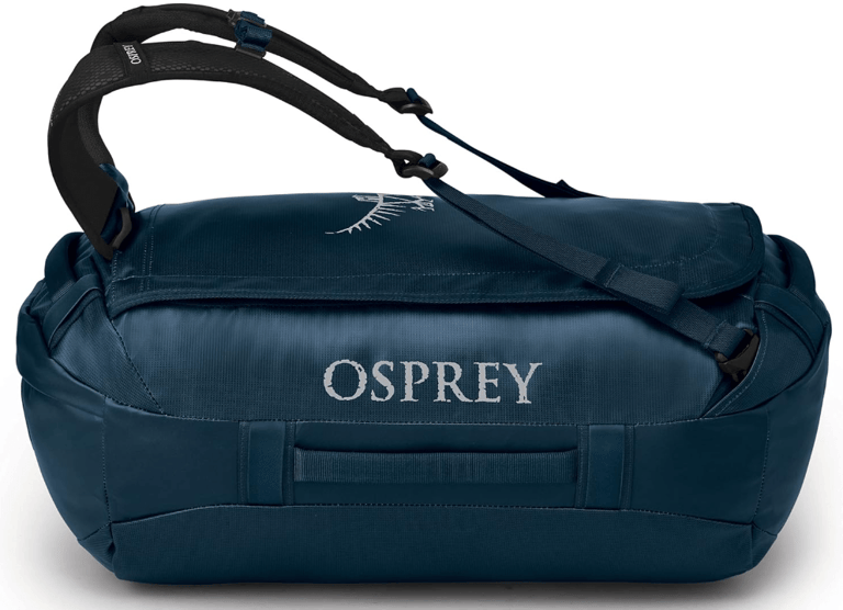a blue duffel bag with the word osprey on it