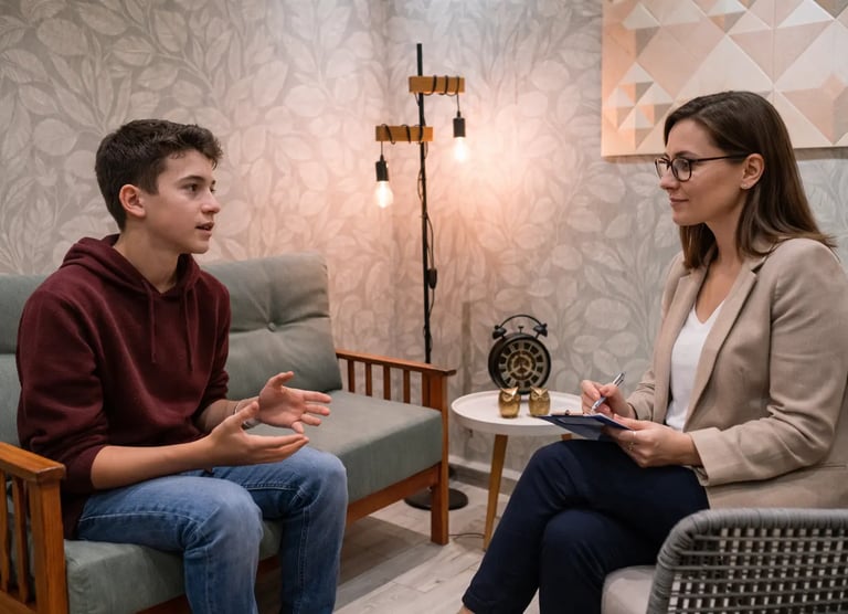 a woman and a man sitting in chairs