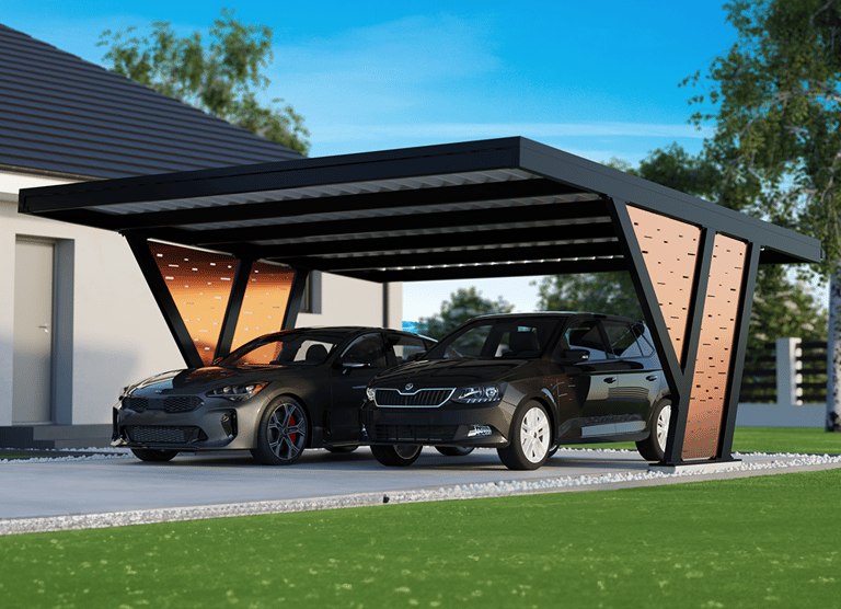 Nowoczesny stalowy carport samochodowy dwustanowiskowy