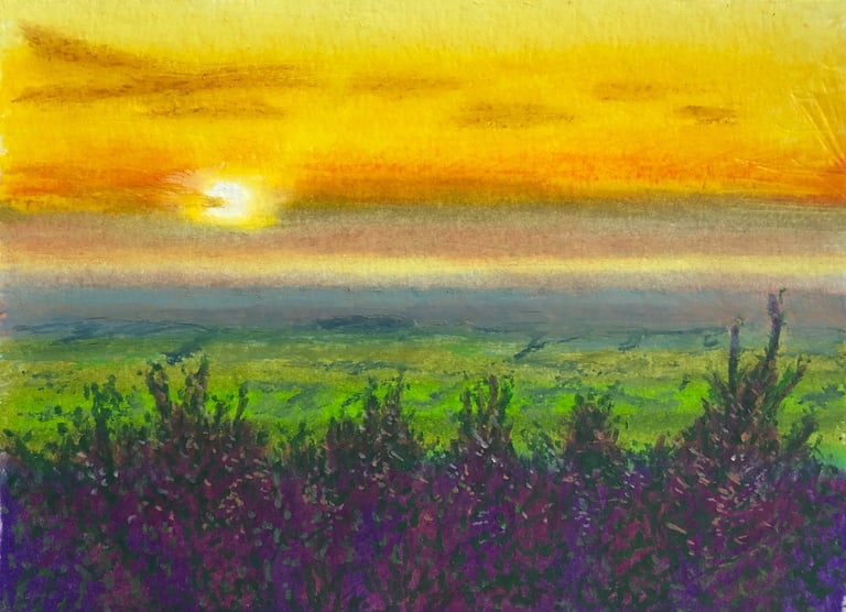 Oil pastel of a sunset view over fields from Congleton Cloud