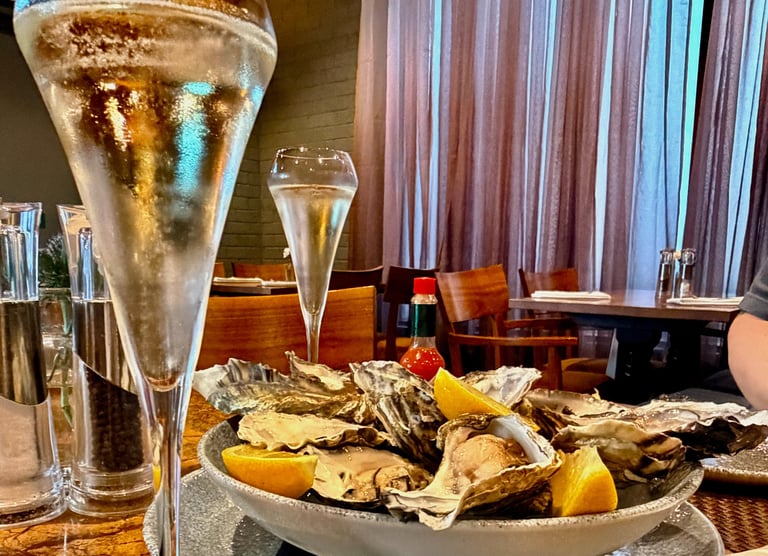 a plate of oysters and glasses of champagne