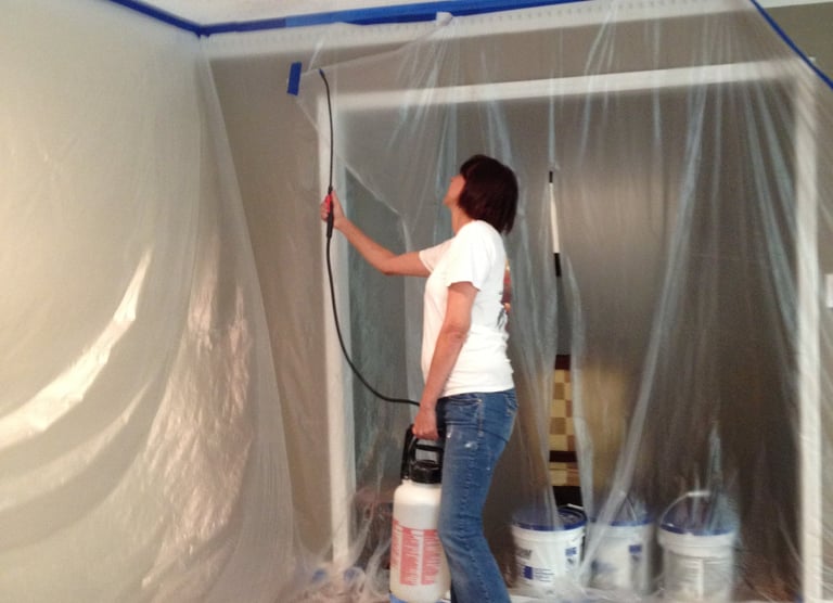 Janet is spraying the ceiling with water before I scrape the popcorn from the ceiling.