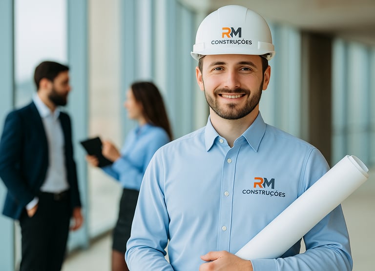 Tabela com as áreas de atuação da RM Construções incluindo obras residenciais, industriais, retrofit