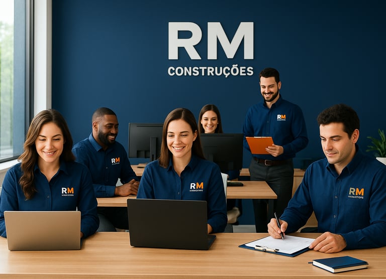 Tipos de serviços executados pela RM Construções como obras comerciais, reformas e projetos de engen
