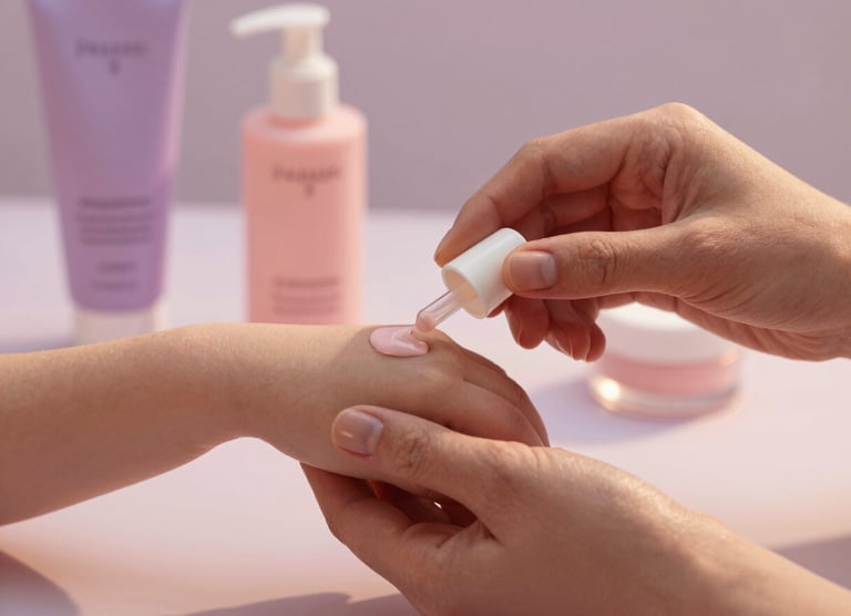 Manos de madre e hija probando productos de belleza, enfoque en detalles, luz natural, tonos rosados, shallow depth of field, 35mm