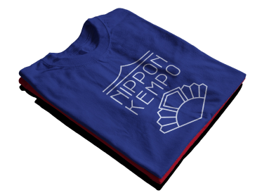 a blue t - shirt with a white logo