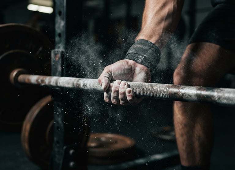 Dynamic close-up of an athlete's hands gripping a barbell, chalk dust in the air, moody directional gym lighting, desaturated tones with deep blacks, sharp focus, 35mm film