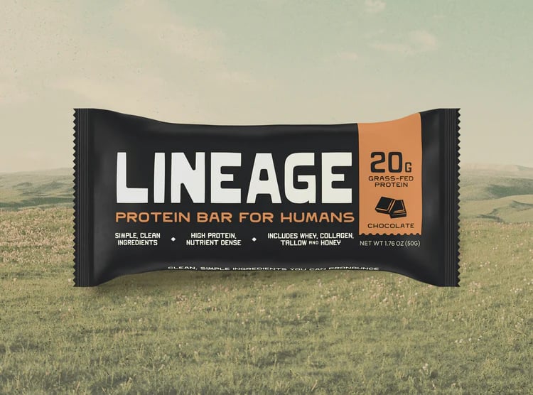 Lineage chocolate protein bar with 20g grass-fed protein 