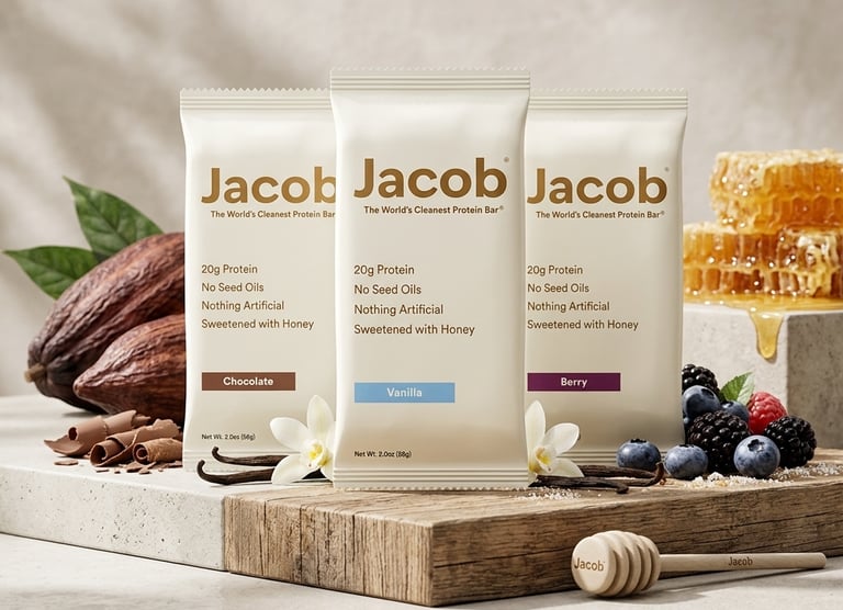 Jacob clean protein bars in chocolate, vanilla, and berry flavors with raw ingredients and honey.