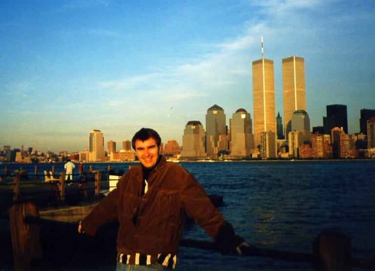 Karl Drury in New York: Karl photographed in New York City in 1991 with the Twin Towers in the background