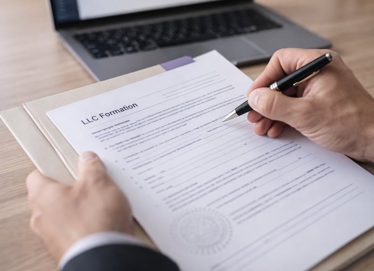 A businessman signs an LLC formation document on a wooden desk with a laptop.