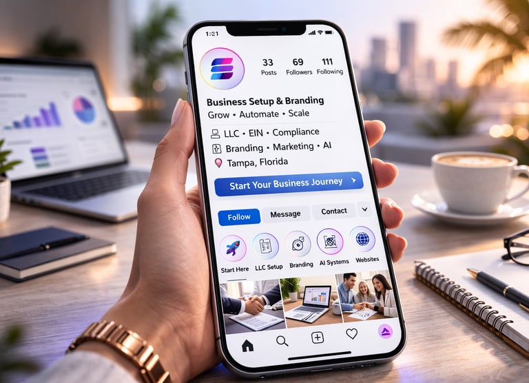 Hand holding a smartphone displaying a social media business profile for branding and LLC setup services.