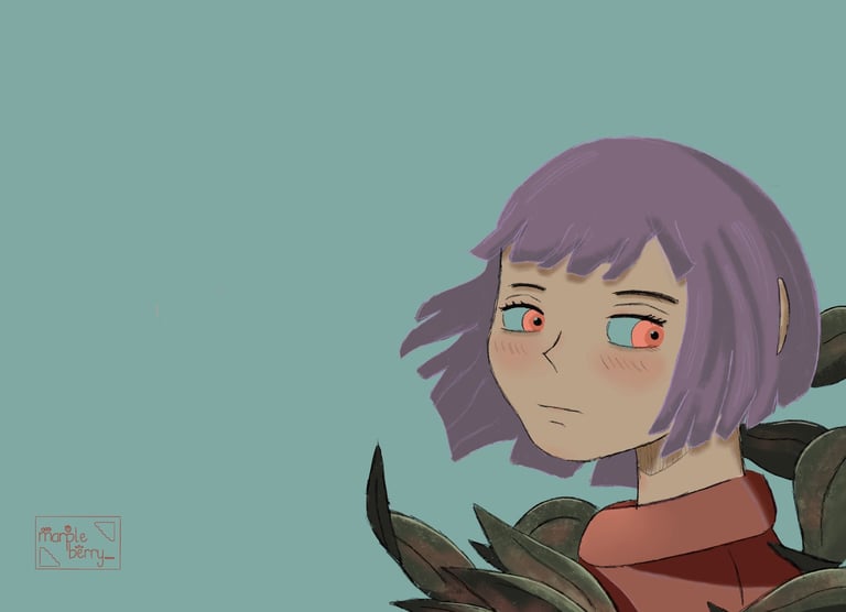 A young purple-haired girl staring behind her.