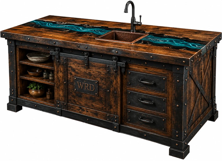 Rustic industrial kitchen island with epoxy river wood countertop and copper sink.