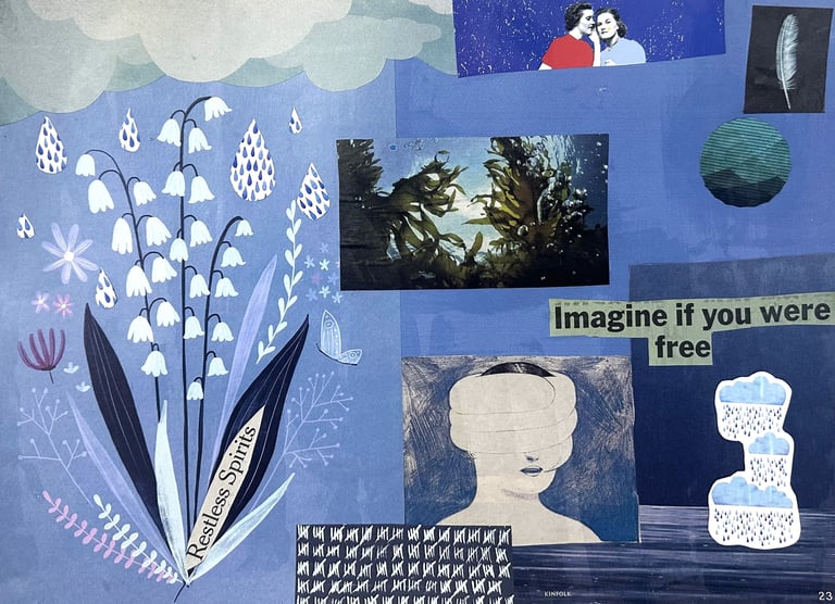 Blue collage art with melancholy imagery of water, swimming, and tears indicating feeling trapped.