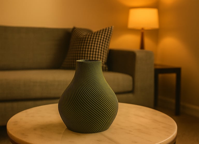 Olivgrüne moderne Vase mit feinen Spiralrillen auf einem Marmortisch in einem gemütlichen Wohnzimmer
