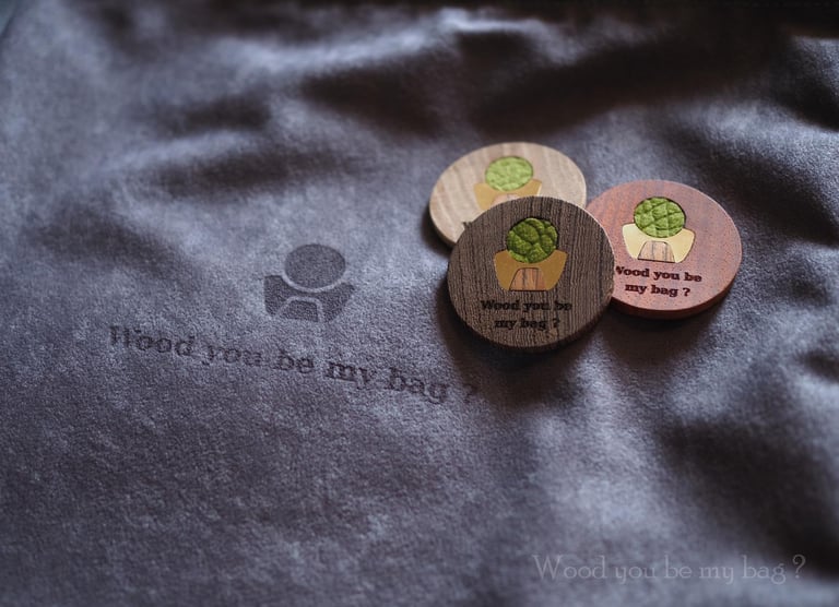 round wooden business cards with Wood you be my bag? brad logo