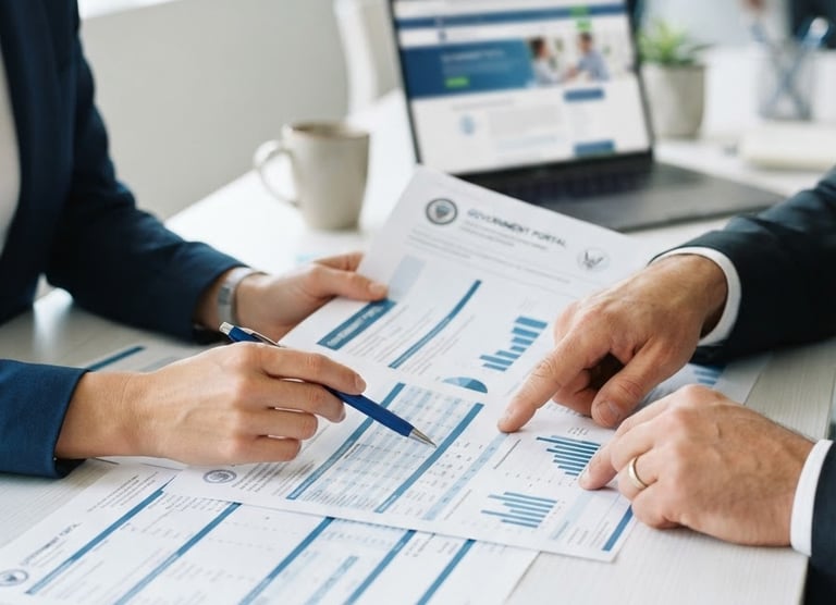 A close-up of professional business hands reviewing official government portal documents on a clean desk, bright corporate blue tones, sharp focus, 35mm