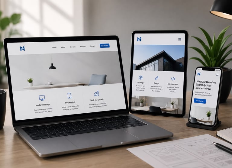 Web designer creating a modern business website on a laptop for responsive website development.