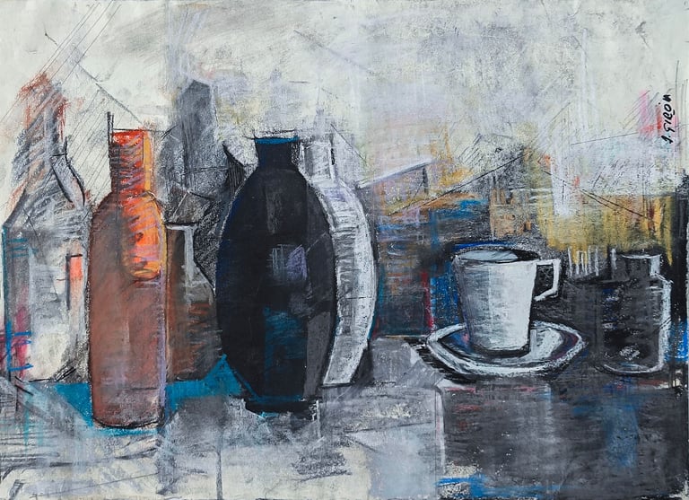 La botella naranja, pastel del artista pintor Argi Girón. Orange bottle pastel artist painter still