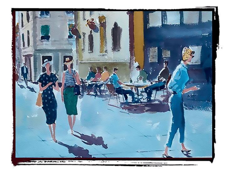 a watercolor painting of a womans walking down a street