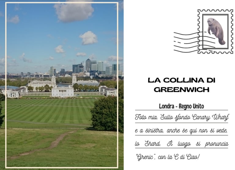 Cartolina con la verde collina di Greenwich e sullo sfondo Canary Wharf