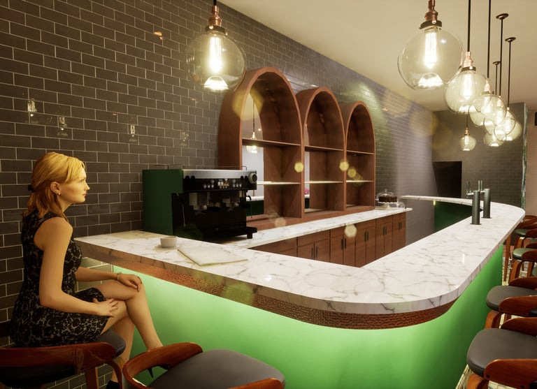 a woman sitting at a bar with a green counter top