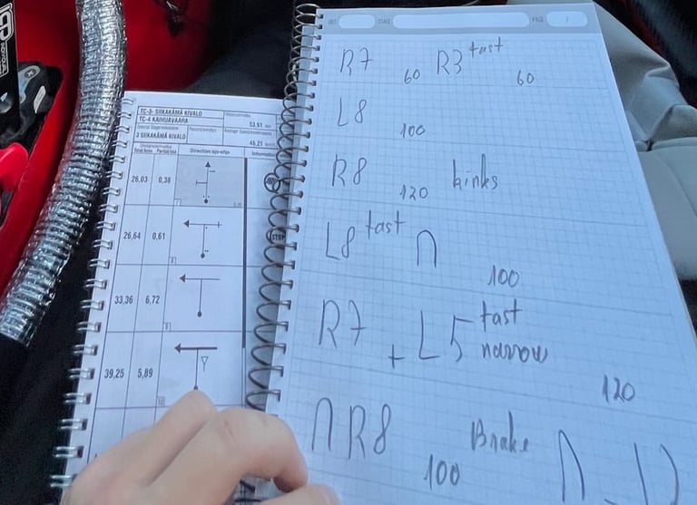 opened rally pacenote book and rally road book during recce