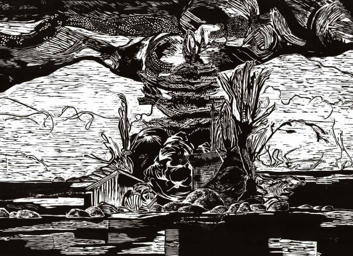 Black and white woodcut print showing a dramatic island landscape with a coastal cabin and stormy sky.