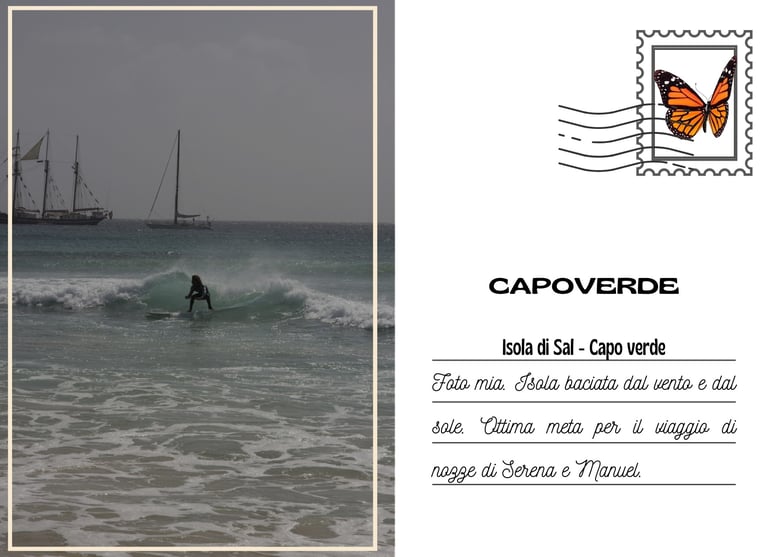 Cartolina di un surfista tra le onde di Capoverde