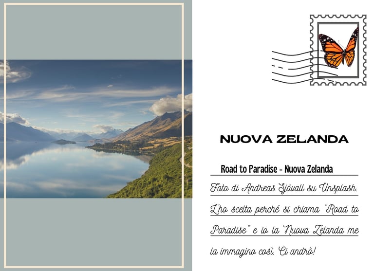 Cartolina della Road to paradise in Nuova Zelanda, un lago in mezzo ai monti