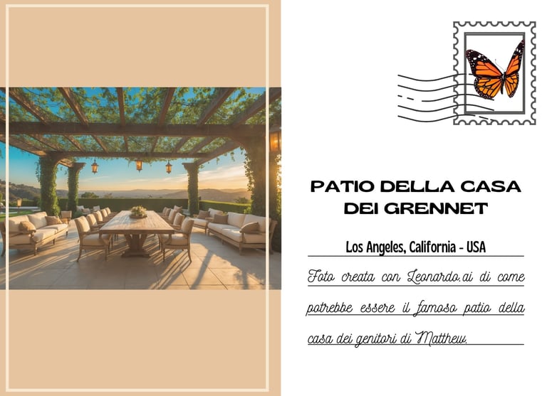 Cartolina del patio dei Grennet a Los Angeles, creato con AI, con un grande tavolo per ospiti