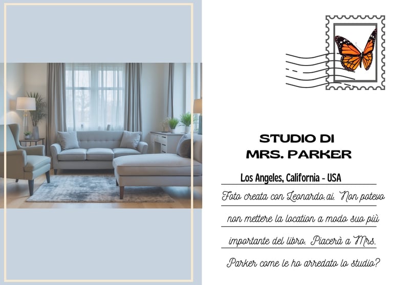Cartolina dello studio di Mrs Parker creato con Ai, conuna poltrona, un divano e una chaise long