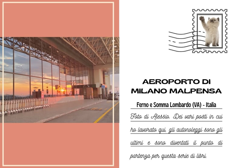 Cartolina della vetrata esterna dell'aeroporto di Malpensa al tramonto