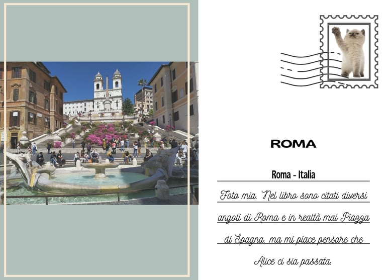 Cartolina di Piazza di Spagna a Roma con la chiesa, la scalinata e la fontana in primo piano 