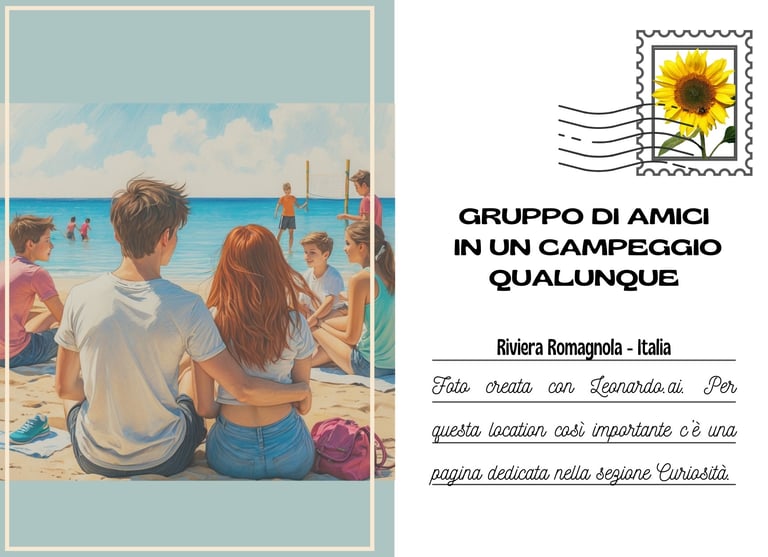 Sketch cerato con Ai di una giovane coppia in mezzo agli amici in spiaggia al mare
