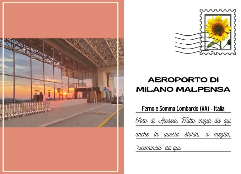 Cartolina della vetrata esterna dell'aeroporto di Malpensa al tramonto
