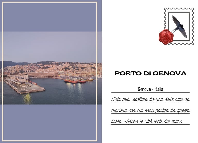 Cartolina del Porto di Genova vista dal ponte di una nave da crociera appena salpata
