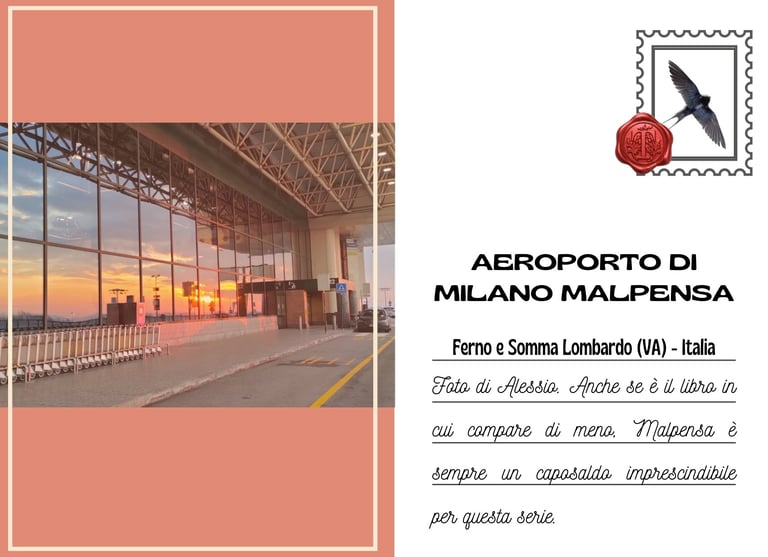 Cartolina della vetrata esterna dell'aeroporto di Malpensa al tramonto