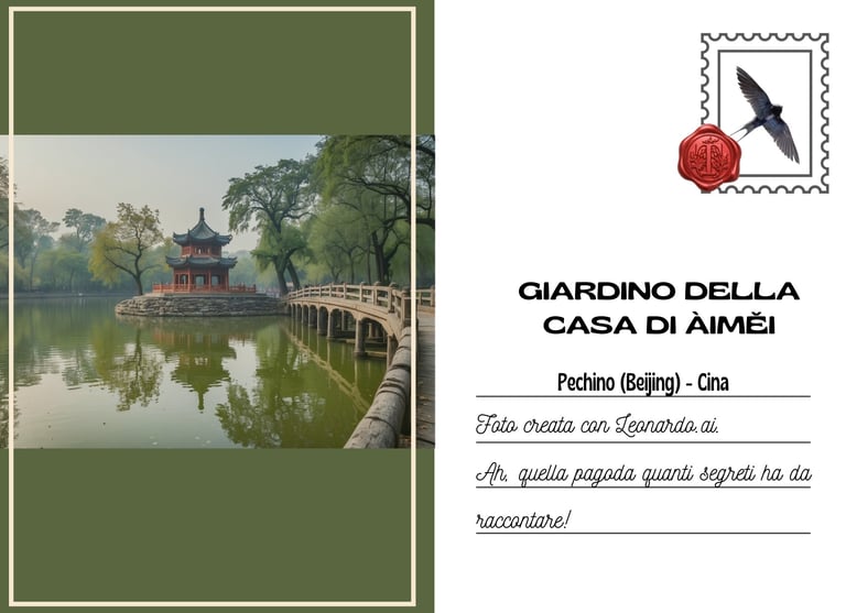Cartolina creata con Ai di un laghetto con una pagoda al centro collegata con un ponte