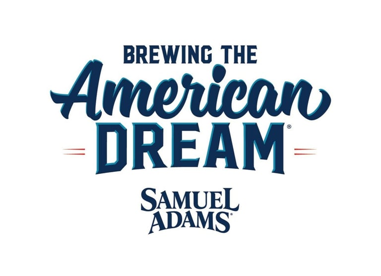Samuel Adams Brewing the American Dream logo in blue and white text on a plain background.