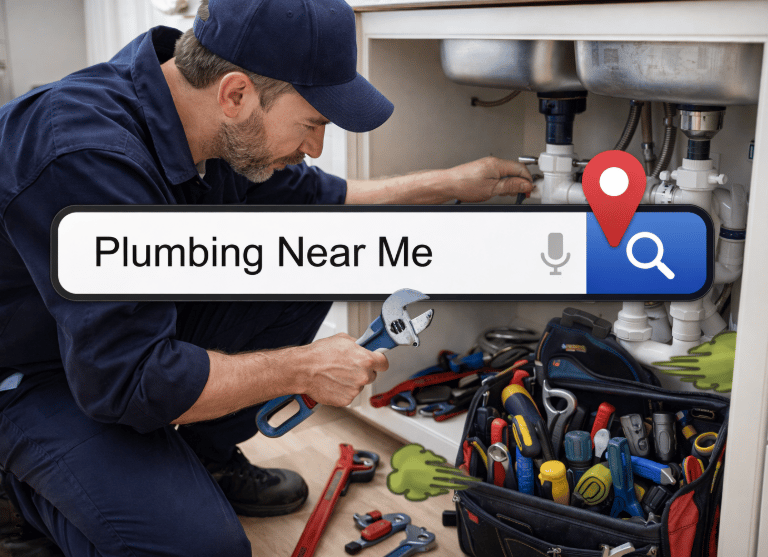 Local plumber fixing sink while smartphone search shows plumbing near me results.