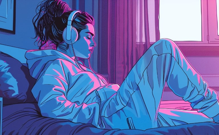 Woman sat with headphones, hair in a ponytail and a tracksuit, listening to must on a bed