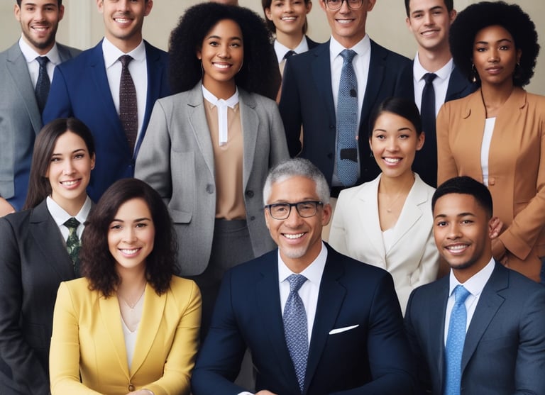 A distinguished group of lawyers in sharp suits standing confidently in front of a grand courthouse.