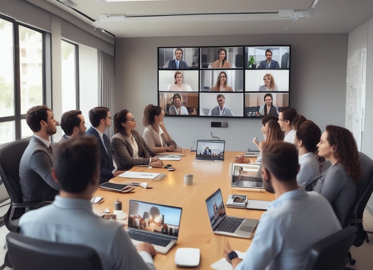 Board room meeting using video conferencing tech